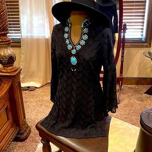 Silk Threads, size S, Black w turquoise and rhinestones